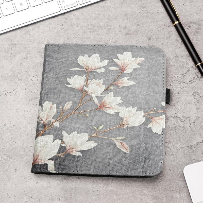 kwmobile Case Compatible with Kobo Libra Colour - Case PU Leather Cover with Magnet Closure, Stand, Strap, Card Slot - Magnolias Taupe/White/Blue Grey - Image 3